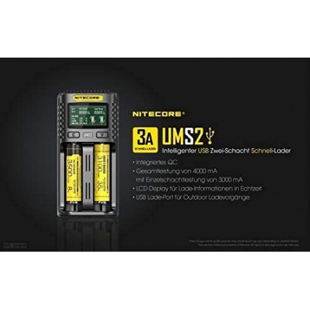 NITECORE UMS2 2 Bay USB Fast Battery Charger LCD Screen QC quick 3A Charger